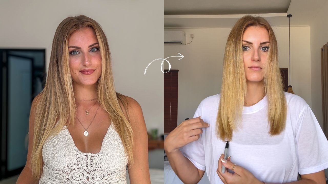 Cheveux longs abîmés à Bali avant et après coupe et routine réparatrice